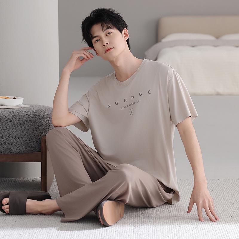 Men's Modal Cotton Pajama Set: Cooling Summer Short Sleeve Top & Long Pants, Luxurious Outdoor-Ready Comfort.
