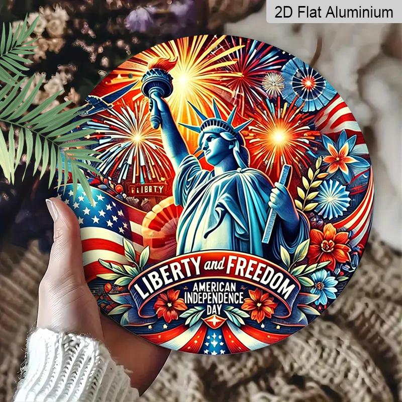 2D Flat, 1pc Vintage Patriotic Independence Day Aluminum Wall Decor - Statue of Liberty with Fireworks, American Flag Colors - Heavy-Duty Rustproof