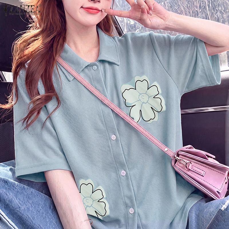 ZANZEA Blusa informal holgada de media manga con cuello vuelto para mujer