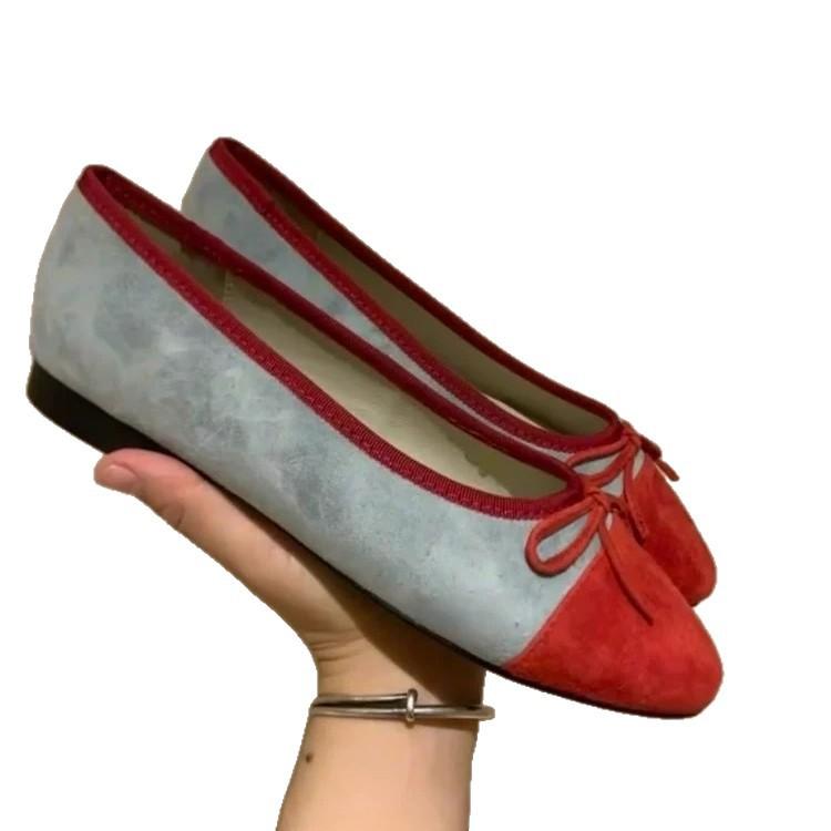 Cowhide Version~ Korean Version of Color Matching Round Head Suede Bow Flat-bottomed Mary Jane Single Shoes Women's One-pedal Ballet Shoes