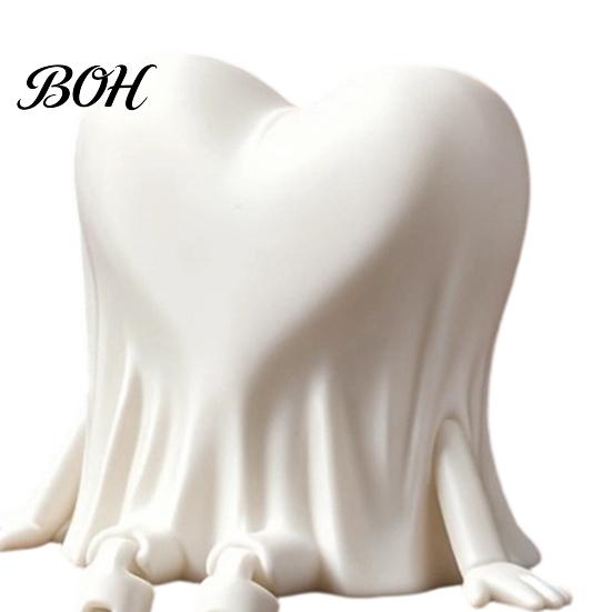 Desktop Halloween Decorations 3D Printed Heart-Shaped Ghost Figurine with Movable Joints, Sitting Dangling Leg Home Decor Statue, Matte White