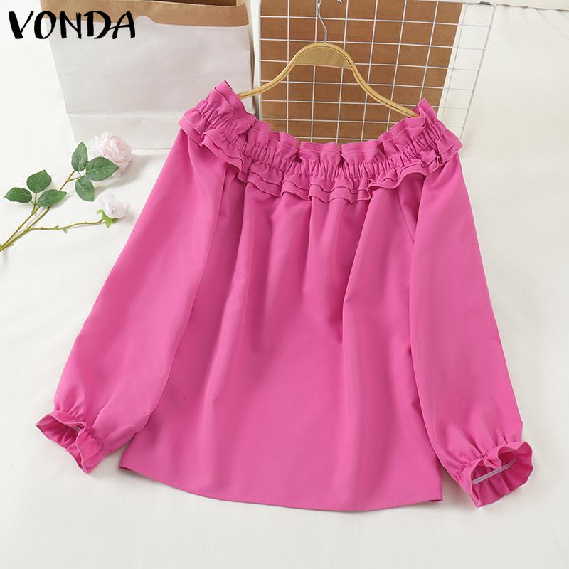 VONDA Women Summer Off Shoulder Ruffle Lantern Long Sleeve Blouses