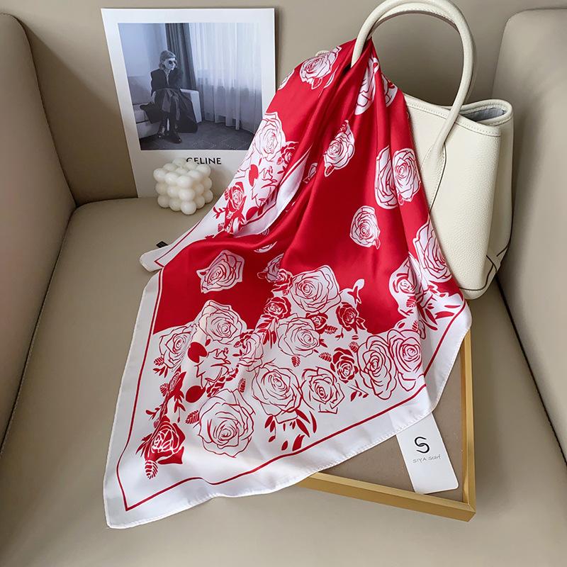 

Advanced sense of simple color matching rose silk scarf women s creative fashion temperament simulation silk square scarf 70*70