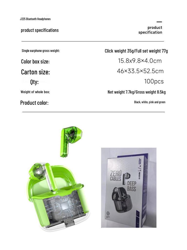 J225 Semi-in-ear Bluetooth Headset with Extended Battery Life & Wireless Transparency for E-sports Gaming