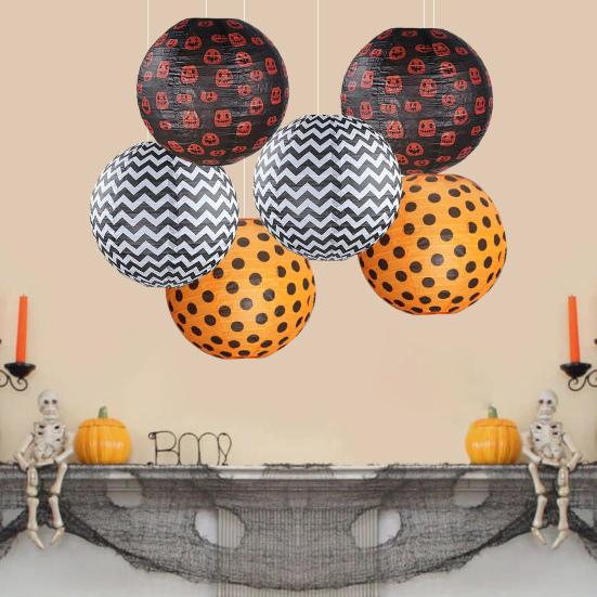 Halloween Lantern 12 Inch Paper Round Lantern Hanging Polka Dot Pumpkin Print Lantern Decoration for Party Supplies Photography Props