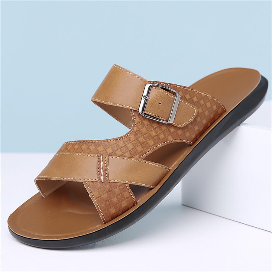 Slippers for Men 2025New Casual Slipper Summer Open Toe Beach Shoes Outdoor Non-slip Flat Slides Lightweight PU Leather Slippers