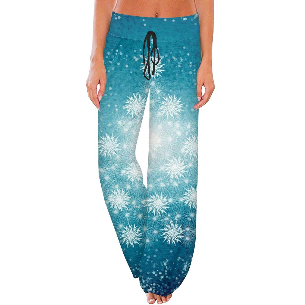 Bequeme Pyjamahose für Damen mit weihnachtlichem Aufdruck und weitem Bein und Kordelzug