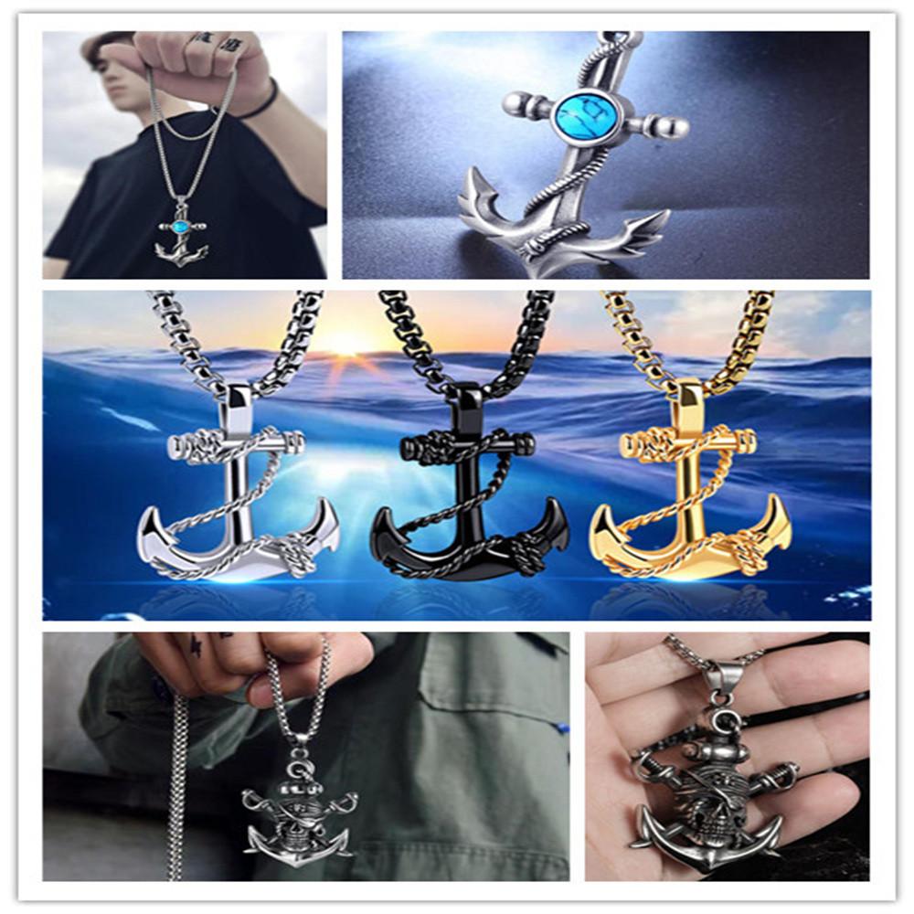 Wu's Pirate Titanium Steel Necklace Retro Halloween Skull Ghost Head Anchor with Turquoise