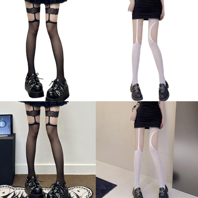 Women Aesthetic Sexy Side Crisscross Hollowed Out Thigh Stockings Tights Goth Rose Flower Patterned Suspender Pantyhose