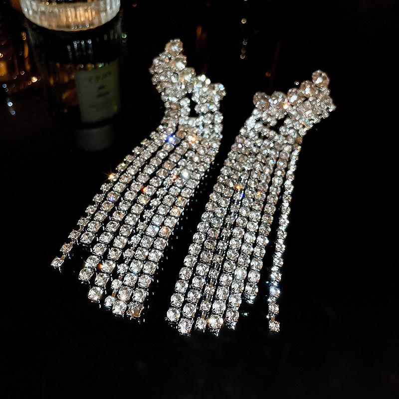 Exaggerated Diamond Tassel Silver Earrings - European & American Luxury High-End Fashion for Women