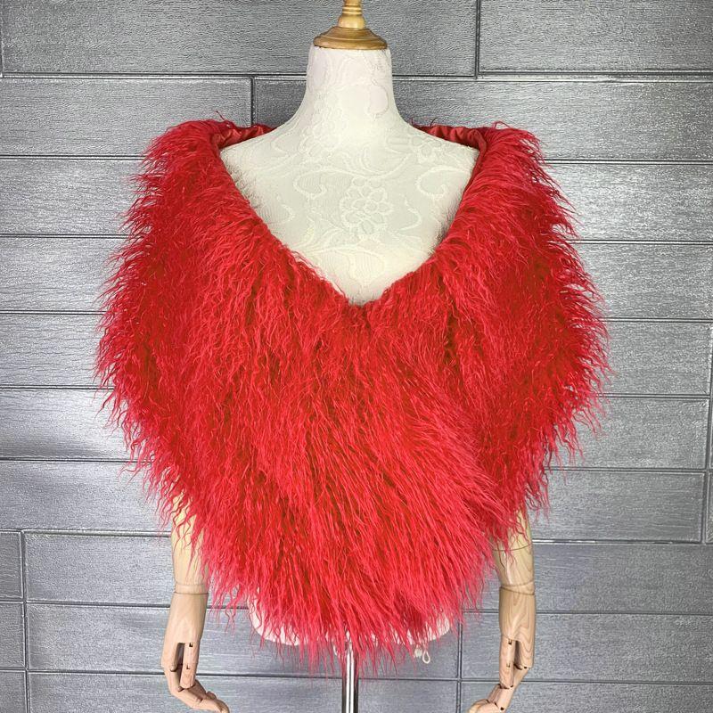 

Women Autumn and Winter Tan Wool Long Fur Bridal Fur Shawl Nightclub Imitation Fur Bridesmaid Poncho Fur Formal Dress Waistcoat Red Length (CM) 155