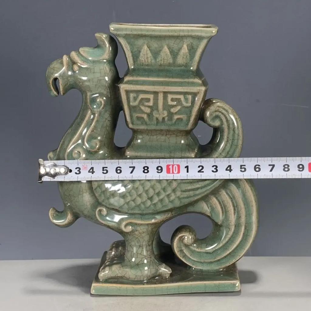 Chinese Antique Song Ru Kiln Porcelain Phoenix Head Ceramic Vase Ornaments Home Room Accessories Items Office Desktop Decoration