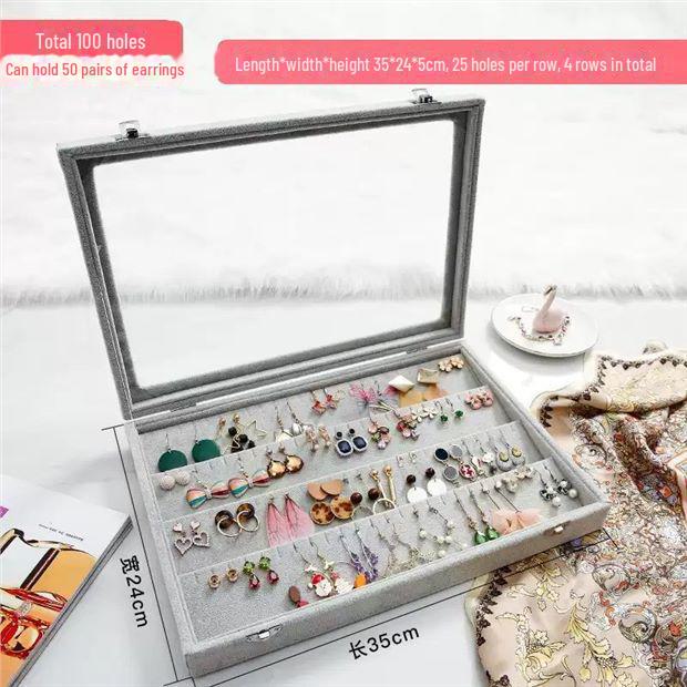 Pink Flocked Portable Jewelry Box with Lid - 316-Grit Dustproof Glass Ring & Earring Display