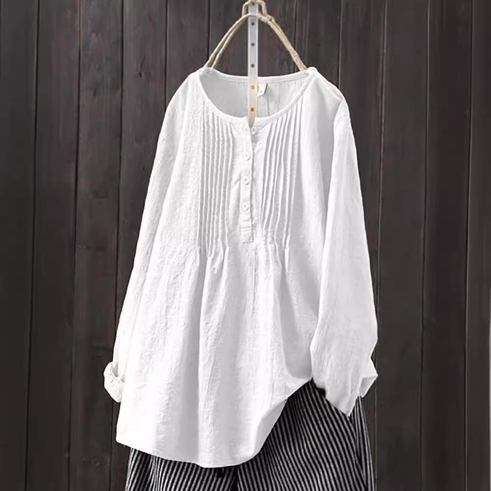 Kvinner Høst Uformell Langermet O-hals Løs Bluse Vintage Harajuku Solid skjorte i bomull og lin Oversized topper