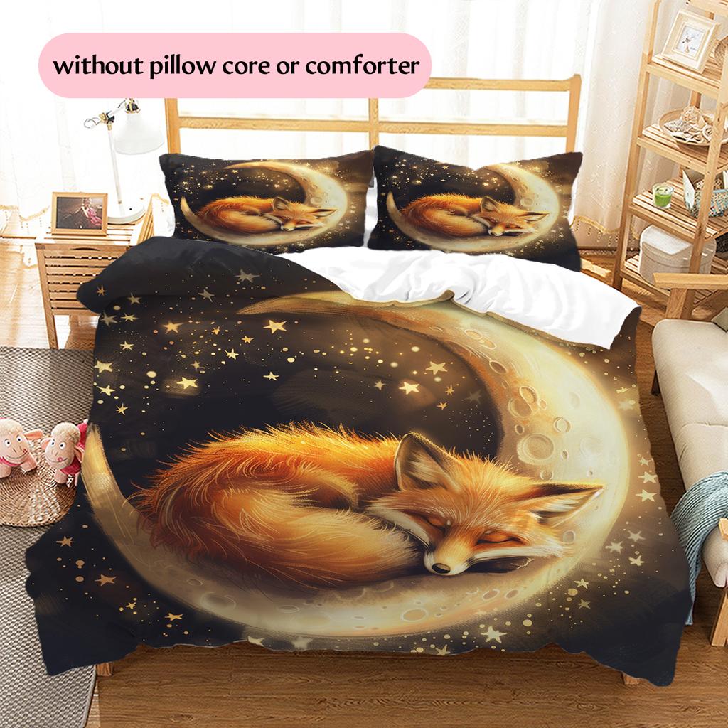 Fox and Moon Pattern Bedding Home Decoration Birthday Gift (1 * duvet cover + 2 * pillowcase, without core)