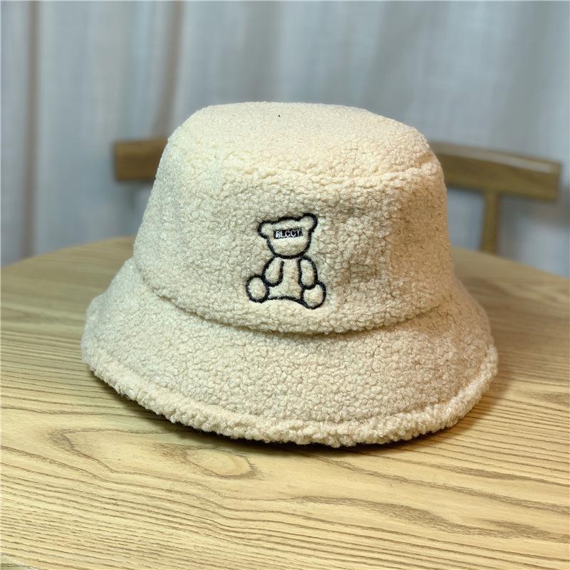 Cute Bear Embroidery Warm Lamb Wool Fisherman Hat Children Autumn and Winter Warm Basin Hat Bucket Hat