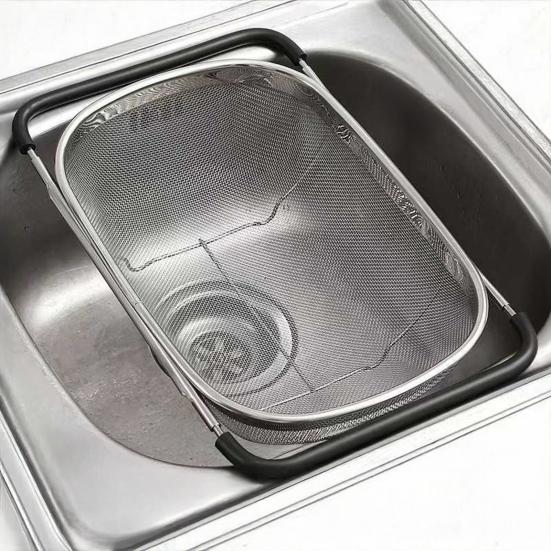 Sink Drain Basket Stainless Steel Mesh Strainer with Telescopic Double-Ear Handle Sink Basket Large Capacity Kitchen Colander for Washing And Draining
