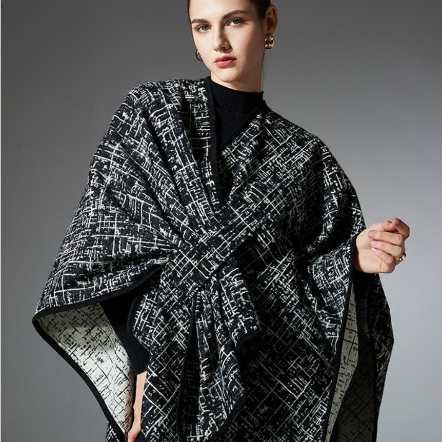 Women Plaid Reversible Poncho Cape Coat Open Front Cardigan Shawl Wrap Warm Thick Knit Shawl for Fall Winter