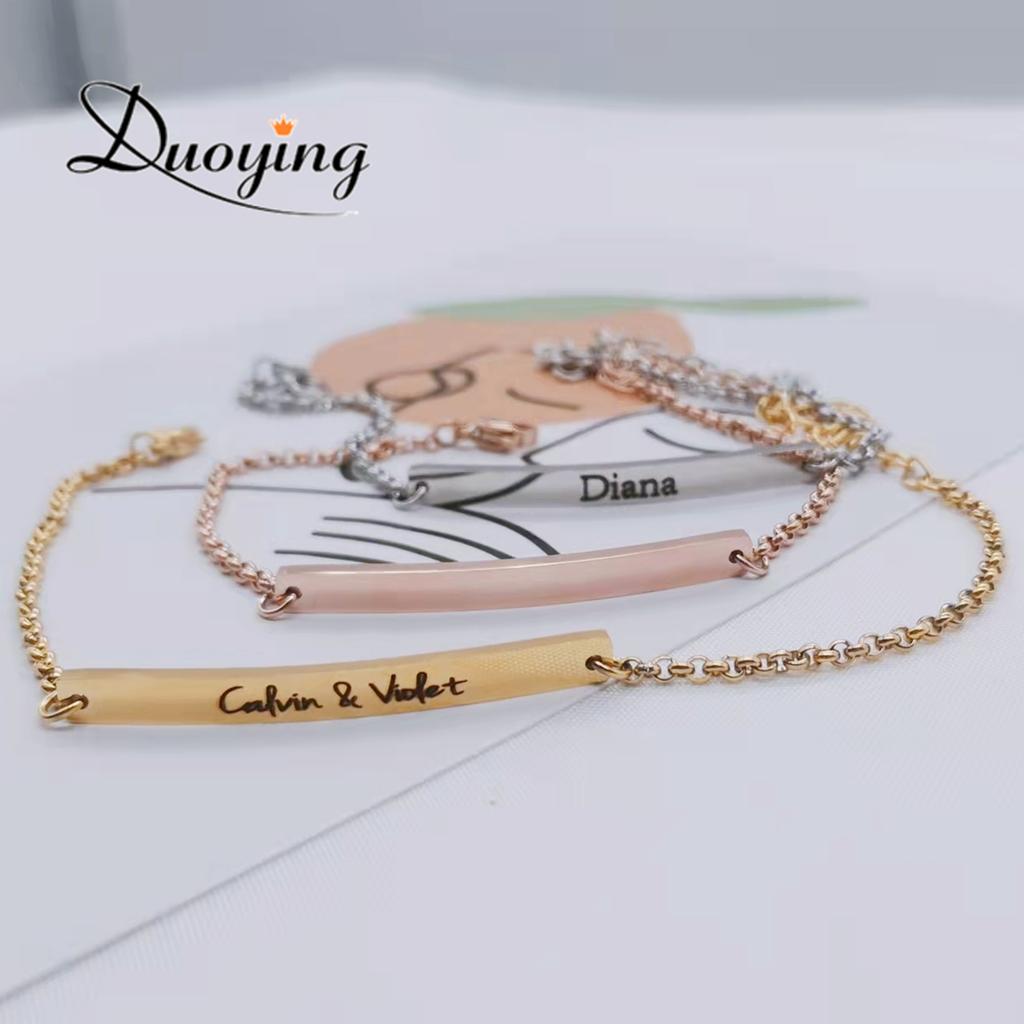 Qiuhan Stainless Steel Men's Classic Geometric Gold Plated Personalized Engraved Name Chain Link Bar Bracelet for