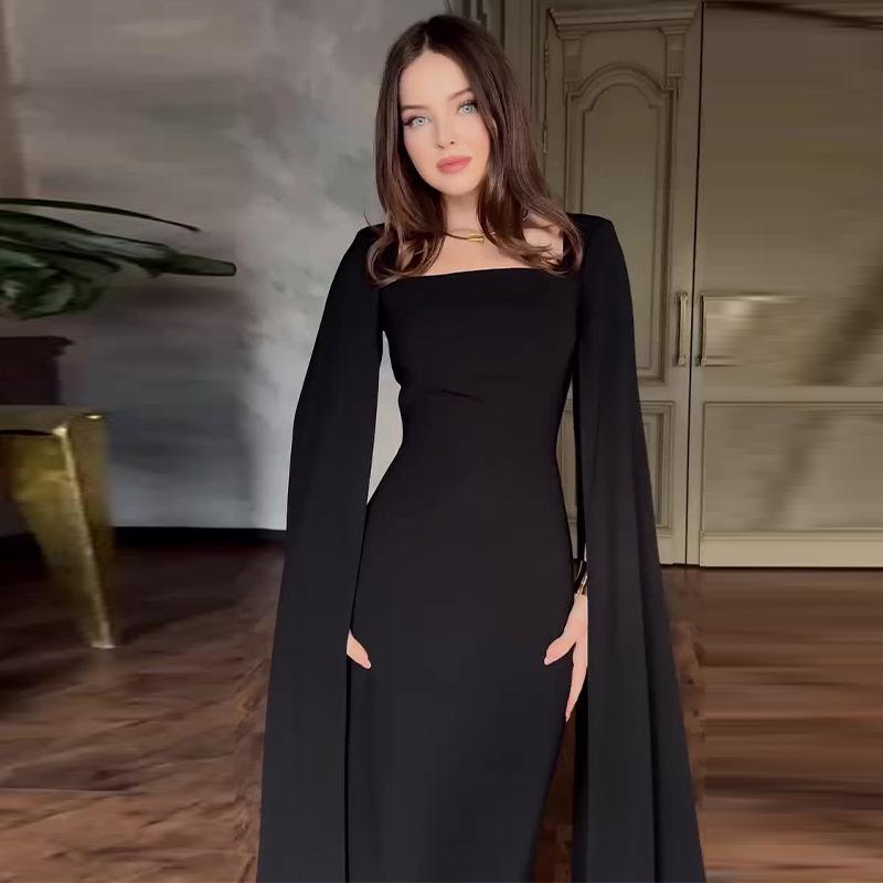 2024 Summer Women's Solid Color Square Neck Raglan Sleeve Slimming Dress