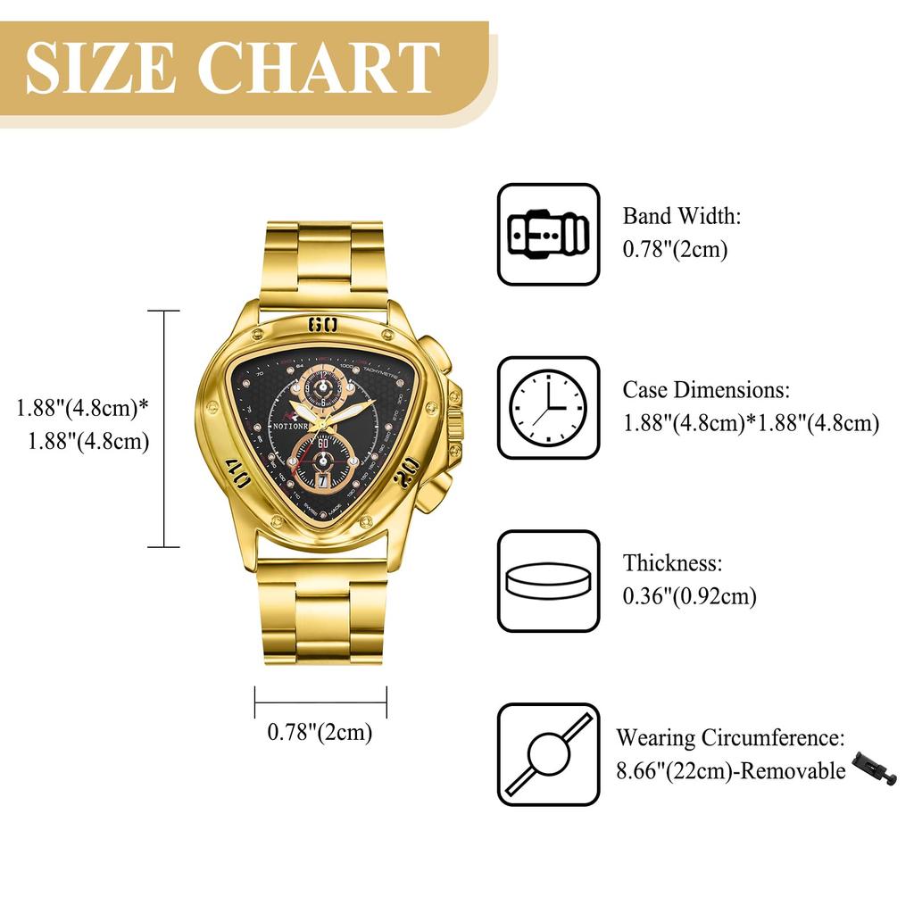Triangular analog watch for men with luminous calendar and stainless steel three-eye hands, function, strap, gold.