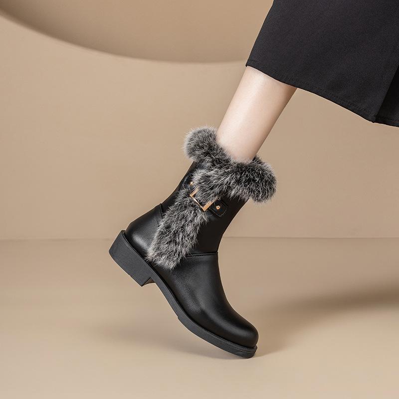 - Large size winter flat heel black fluffy boots, thick bottom comfortable, European and American warm
