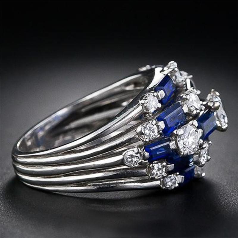 925 Sterling Silver Trendy Ring for Women Blue/White CZ Full Bling Iced Out Female Wide Rings Party Statement JewelryGood product