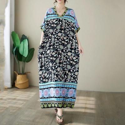 Kurzarm Plus Size Baumwolle Satin Vintage Blumen neu in Kleidern für Damen lässiges lockeres langes Sommerkleid