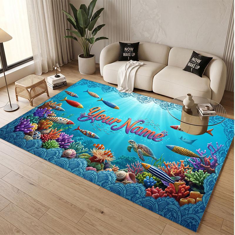 Fish Ocean Theme Soft Crystal Velvet Rug Custom Name & Text Print Non Slip Floor Rug for Bedroom Living Room