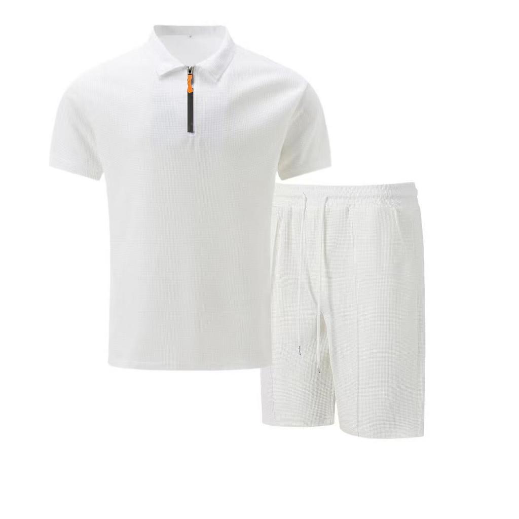 Men's Summer Waffle Knit Zipper Lapel Shorts & T-Shirt Set