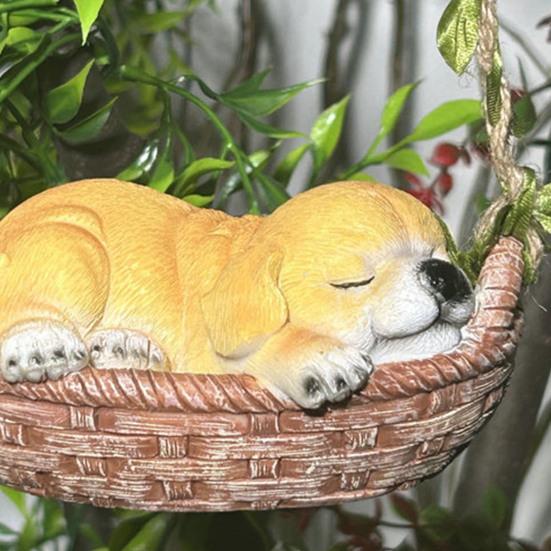 Dog Swing Ornament Cute Resin Puppy Sleeping in Woven Basket Statue Outdoor Hanging Decoration with Rope for Garden Patio Balcony Decor