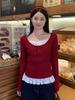 Women's Floral Cashmere Red Two-Piece Look Long Sleeve Slim Knitwear - Spring Thin Base Layer Shirt