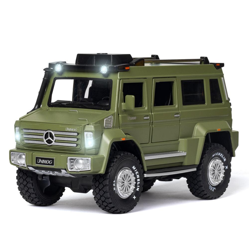 1/28 Scale Unimog U5000 Diecast Car Model Toy, Pull Back Toy Vehicle with Sound and Light for Kids Toddler Boys Girls Gift Collection