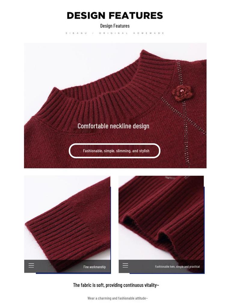 Mom's Winter Cozy Knit Half-High Collar Sweater for Middle-Aged & Elderly Women - Stylish & Warm Base Layer