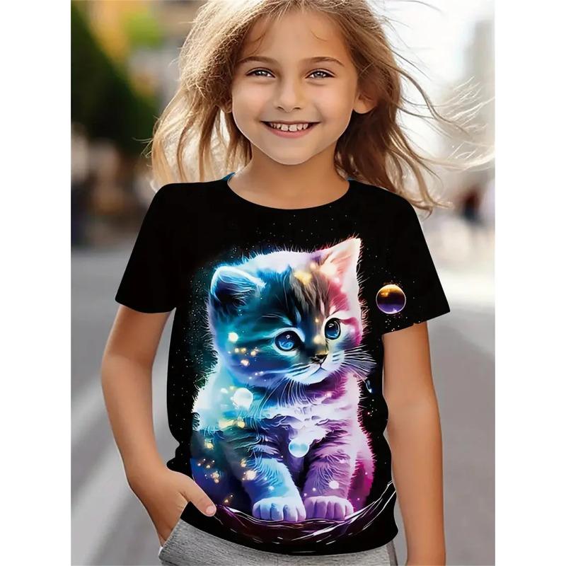 Vtipná dívčí trička Letní top s krátkým rukávem Kreslená zvířata Kočka 3D potisk Dívčí oblečení Ležérní trička