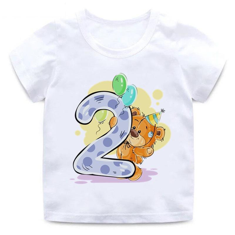 Children's T-shirt with Bear Birthday Number Print, Crew Neck, Short Sleeve, White