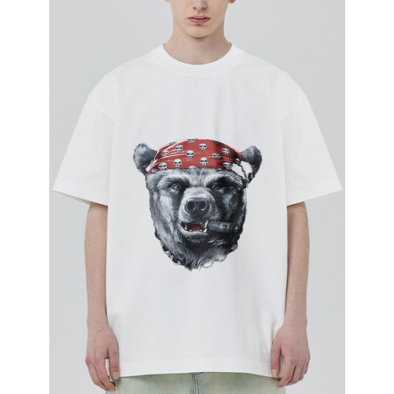 White T Shirt Bear Head With Red Bandana And Cigar Graphic Print Casual Streetwear For Men And Women
