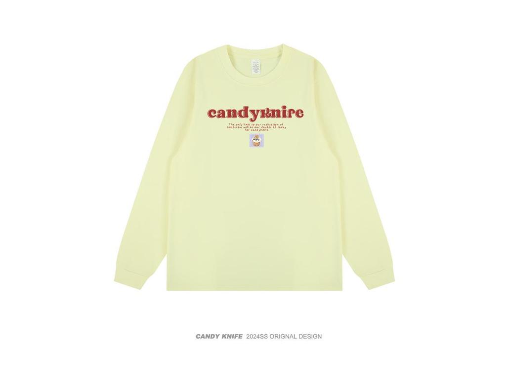 Trendy Retro Hong Kong Style Letter Print Unisex Loose Cuffed Sleeve Cotton Long Sleeve Tee