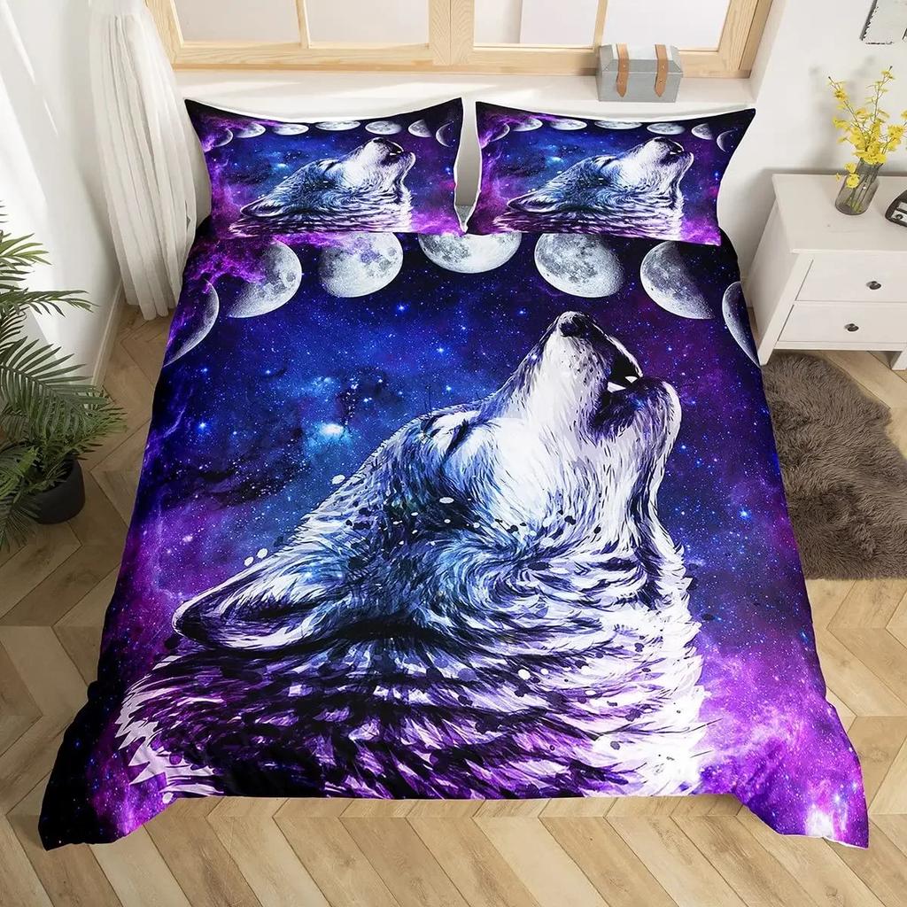 Wild Magical Wolf Bedding Set Wolf Howling 3Pcs Sets For Boys Vintage Oil Paint Wild Animal Single/Twin/Queen/King Size