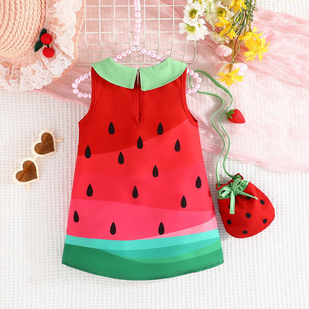 Vestito estivo per bambina con colletto da bambola e stampa di frutta Vestito carino e casual