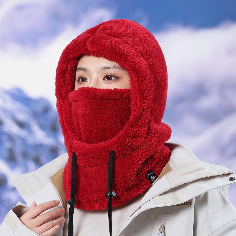 Warm Hood Hat, Scarf Integrated Hat, Women's Winter Velvet Thick Ski Riding Electric Vehicle Mask, Windproof Cover Hat