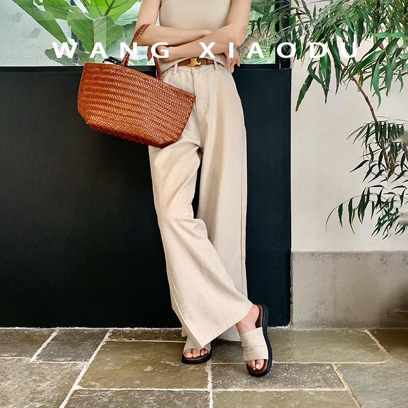 Sheepskin version~ linen pleated one-word thick-soled slippers women's summer vacation beach wear casual cool slippers