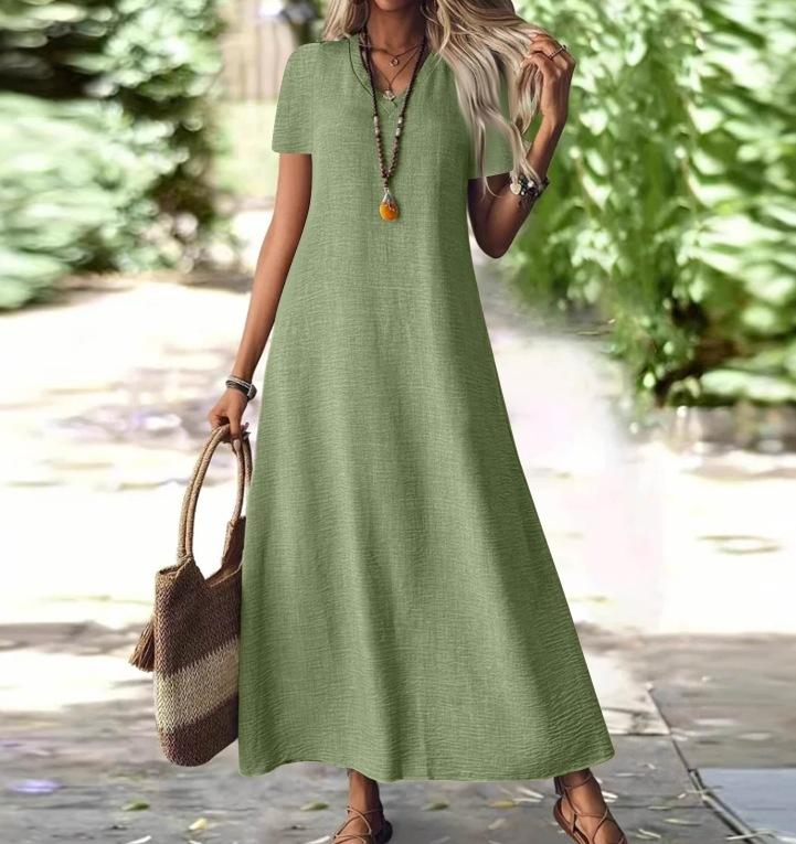 Abito Maxi da Donna con Scollo a V e Maniche Corte alla Caviglia in 12 Colori, Vestibilità Casual Ampia con Borsa a Tracolla