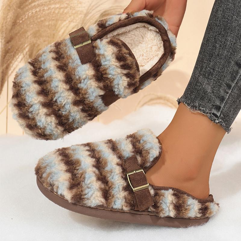 Mote Mote Stripete Bomullstøfler Kvinner Lukket Tå Slip On Plysjtøfler Kvinne Vinter Innendørs Sklisikre Varme Plysjtøfler Dame