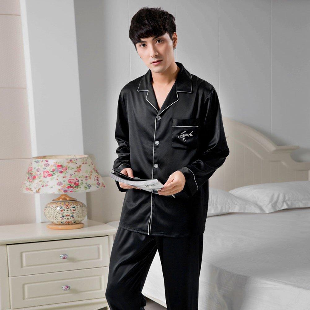 Chian Silk Long Top and Bottom Size XL Men's Pajamas, Loungewear, Sleeve, Open-Front, Set, Moisture-Wicking, Breathable, Black,