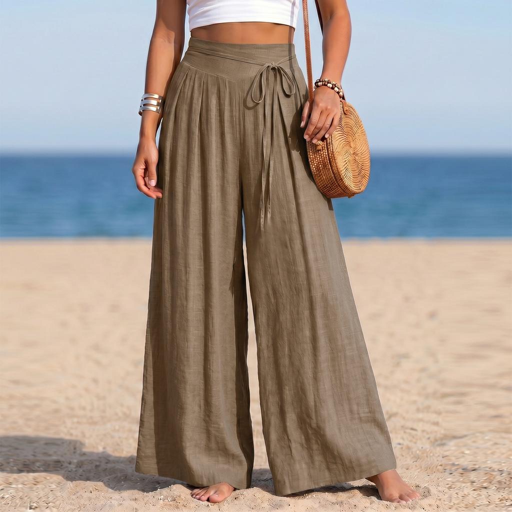 Women's High Waist Wide Leg Pants Linen Blend Casual Loose Fit Pleated Palazzo Trousers with Tie Detail and Elastic Waistband