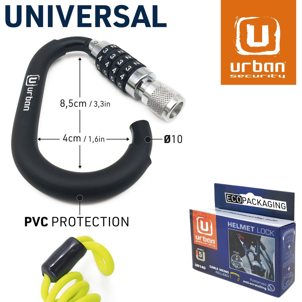 Urban UR140 Motorcycle Helmet Lock with Combination Carabiner Bicycle Carabiner Lock Helmet Buckle Cable, Anti-Theft Lock, Anti-Theft T-Adapter