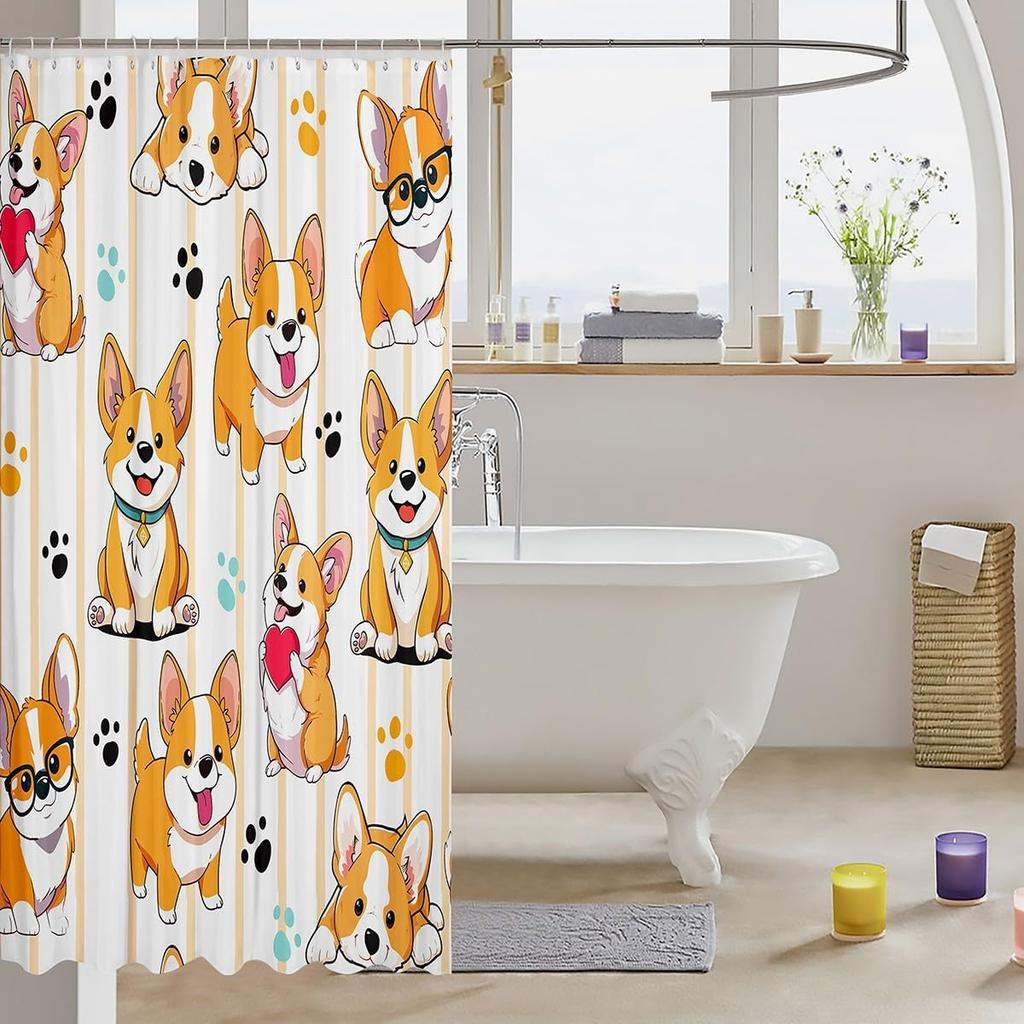 Puppy Shower Curtain Set Cartoon Corgi Shower Curtain for Teens Boys,Lovely Pup Dog Bath Curtain Doggy Cute Pet Toilet Lovely