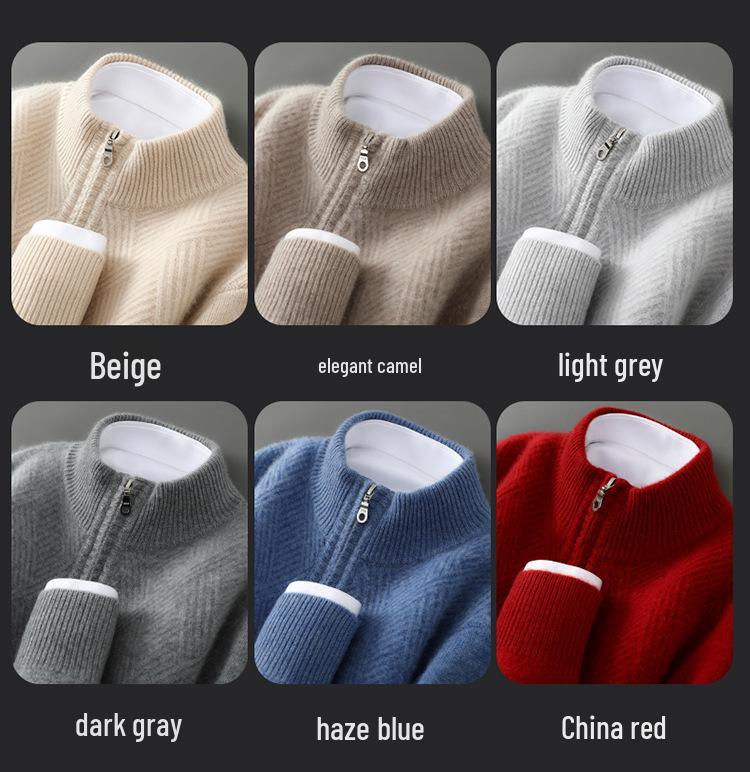 Men's Pure Wool Half-High Collar Zipper Sweater – Thick, Loose, Fashionable, Warm, and Skin-Friendly Layering Shirt