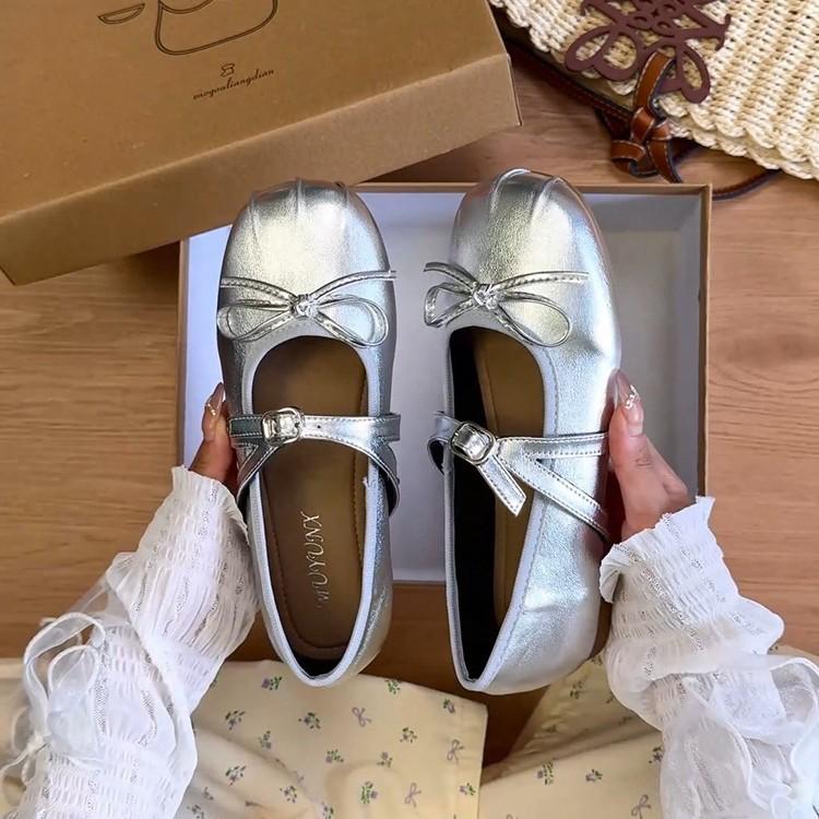 French Gentle Bow Silver Mary Jane Shoes Flat Shoes Small Leather Shoes Summer Korean Version One-word Belt Single Shoes Women's Shoes